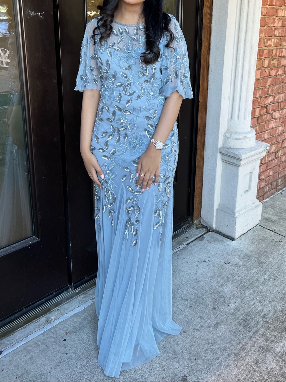 Adrianna Papell Dusty Blue Embellished Maxi Dress